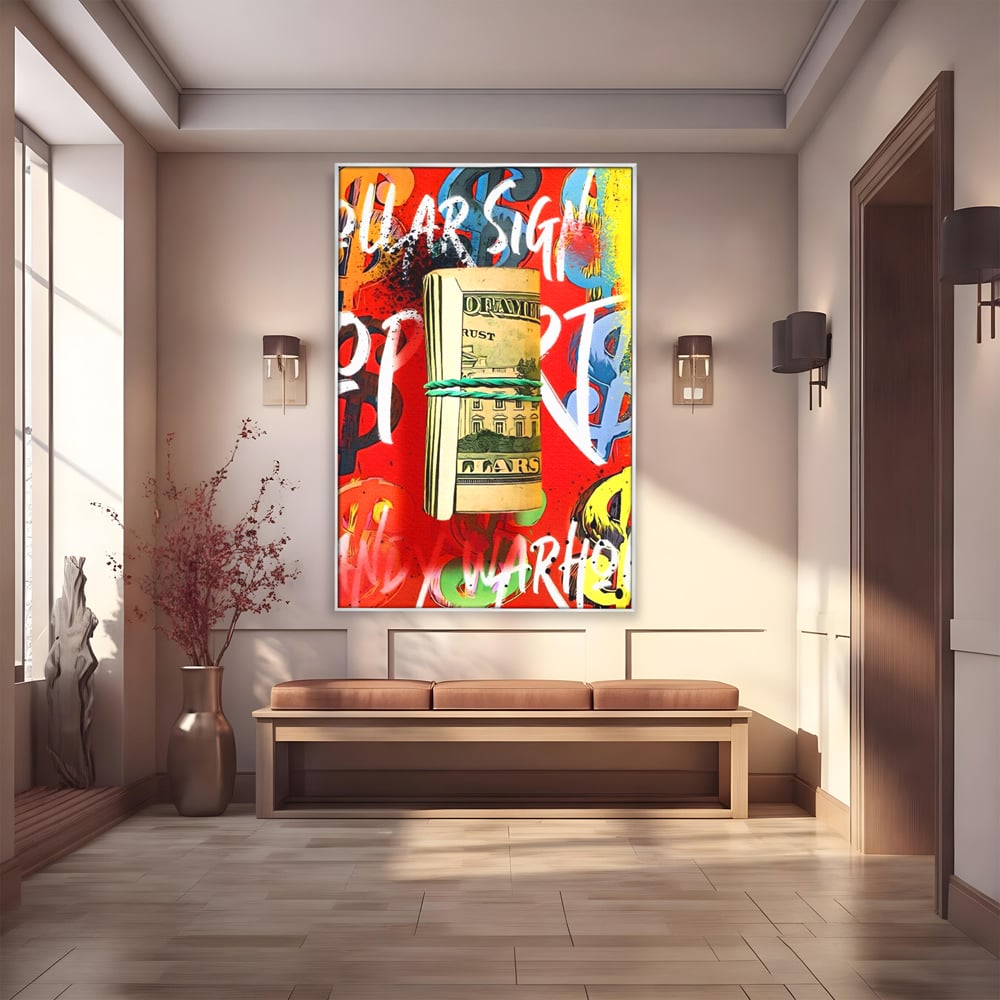 Tablou canvas cu tablou canvas cu teanc de dolari, in rama de aluminiu argintiu